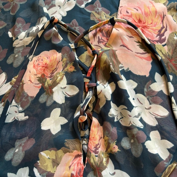 Show Me Your Mumu Teal Sheer Floral Lace up Front Peplum Cottagecore Blouse Sz M - Picture 5 of 15